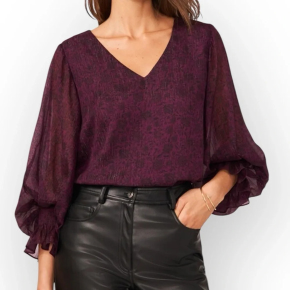 Halogen Purple Maroon Metallic Balloon Sleeve Blouse Size S V Neck Top - Picture 1 of 9